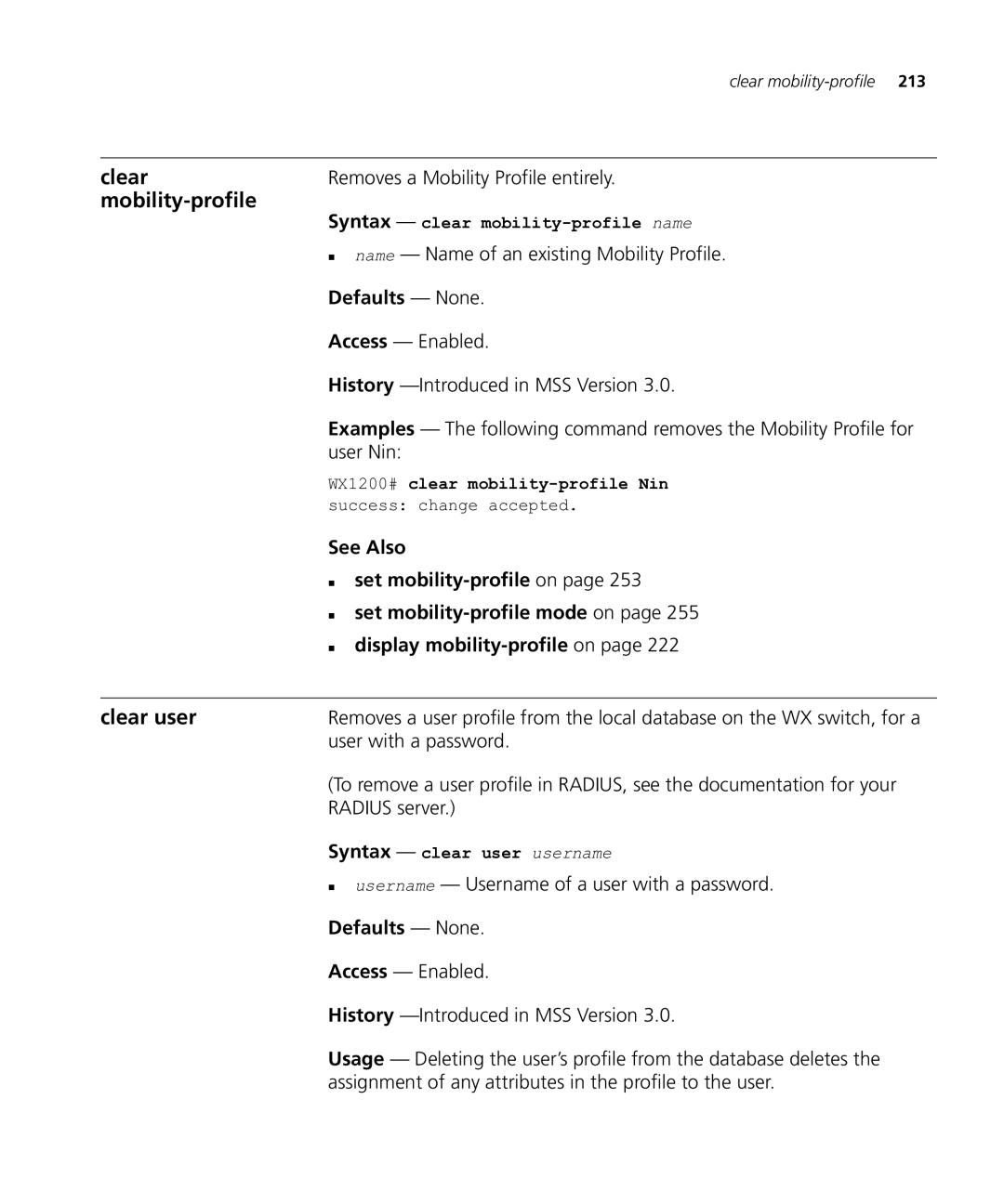 HP Manager Software manual Mobility-profile, Clear user, „ set mobility-profileon, „ set mobility-profile mode on 