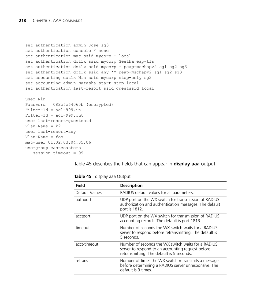 HP Manager Software manual Describes the fields that can appear in display aaa output, Display aaa Output 