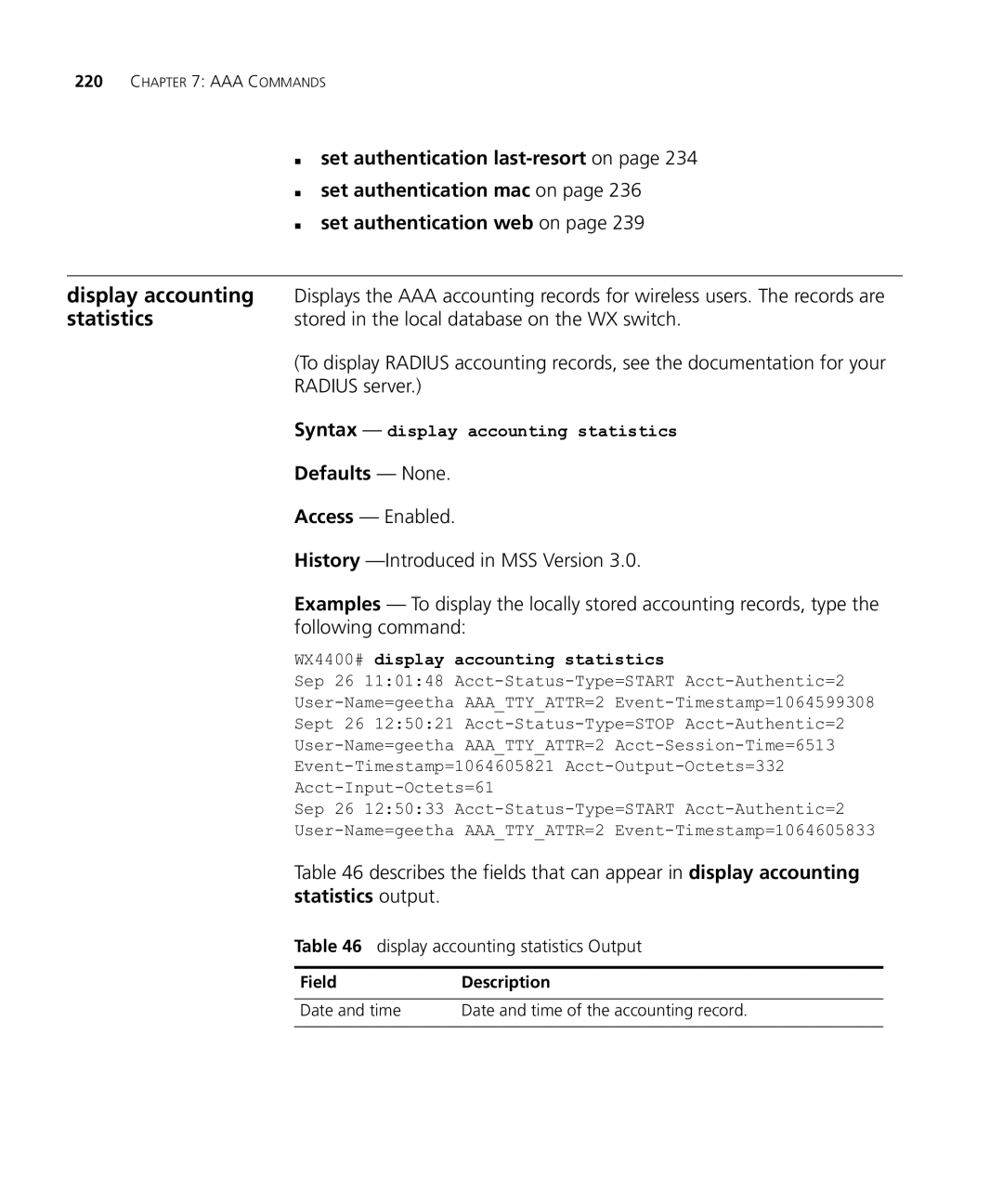 HP Manager Software manual Display accounting, Stored in the local database on the WX switch, Statistics output 