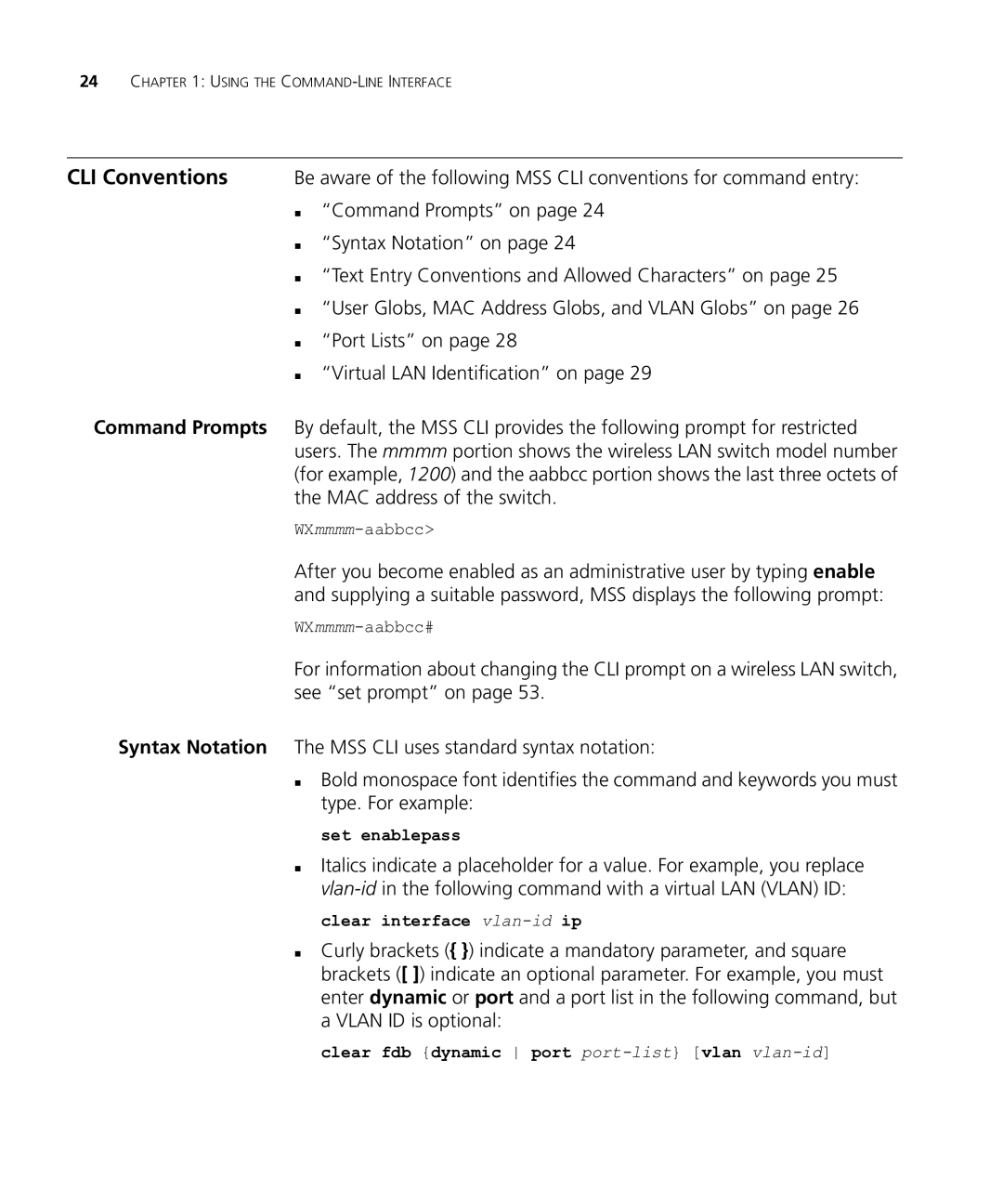 HP Manager Software manual Set enablepass, Clear interface vlan-idip, Clear fdb dynamic port port-list vlan vlan-id 