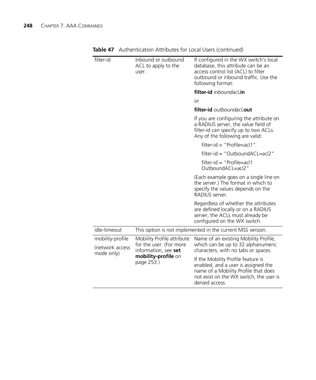 HP Manager Software manual Authentication Attributes for Local Users, Filter-id outboundacl.out 