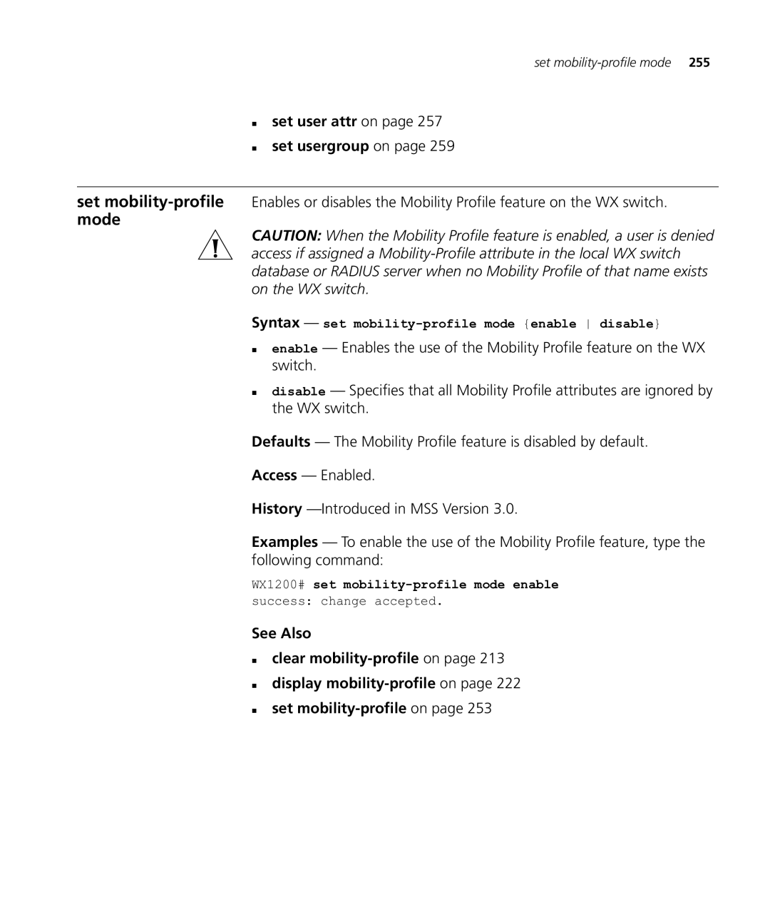 HP Manager Software manual „ set user attr on „ set usergroup on, Syntax set mobility-profile mode enable disable 