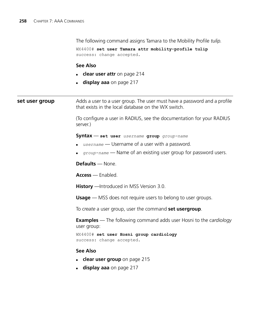 HP Manager Software manual Set user group, „ clear user attr on, That exists in the local database on the WX switch, Server 