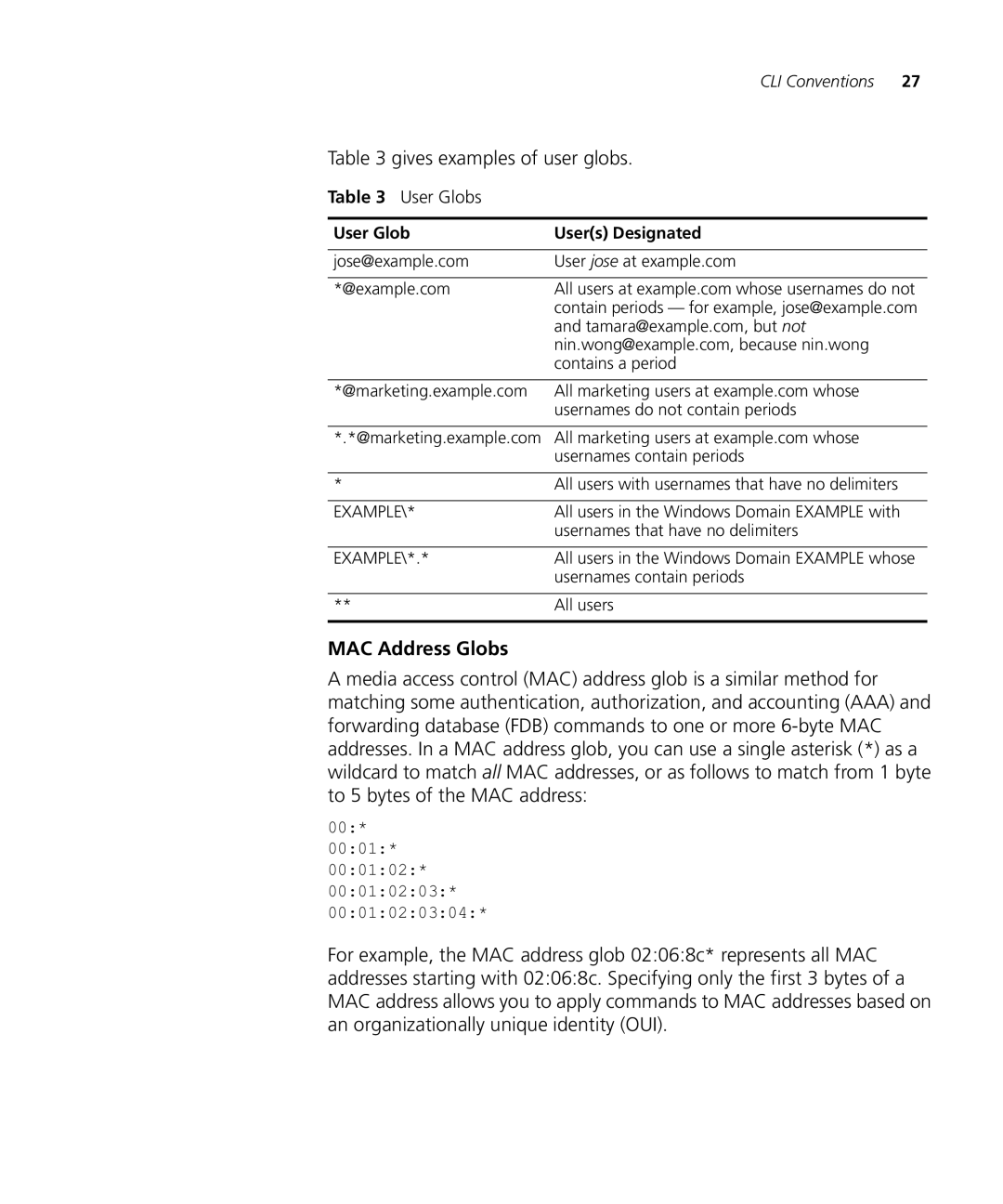 HP Manager Software manual Gives examples of user globs, MAC Address Globs, User Globs 