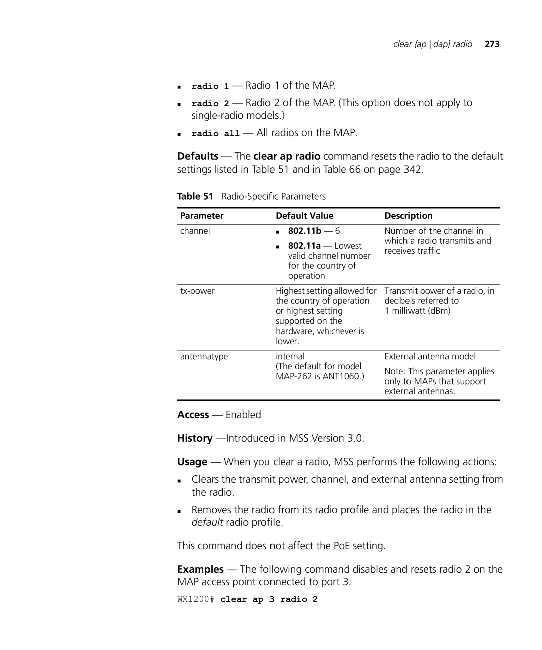 HP Manager Software manual Radio-Specific Parameters, WX1200# clear ap 3 radio 