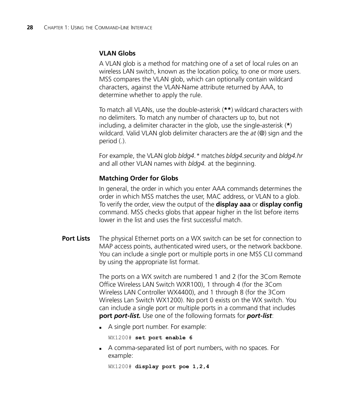 HP Manager Software Vlan Globs, Matching Order for Globs, „ a single port number. For example, WX1200# set port enable 