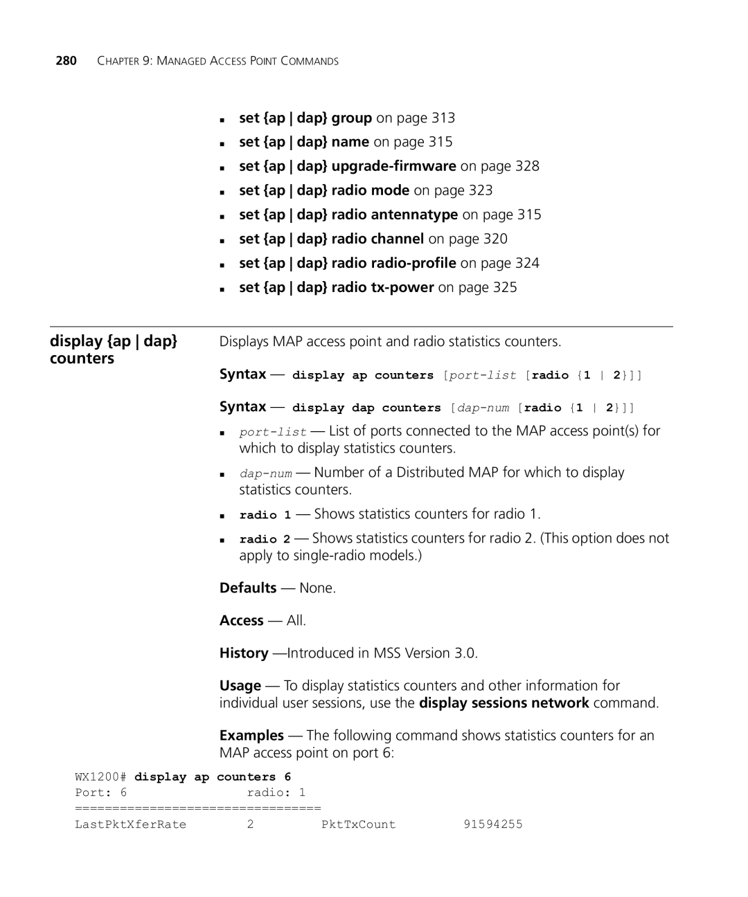 HP Manager Software manual Defaults None Access All, WX1200# display ap counters 