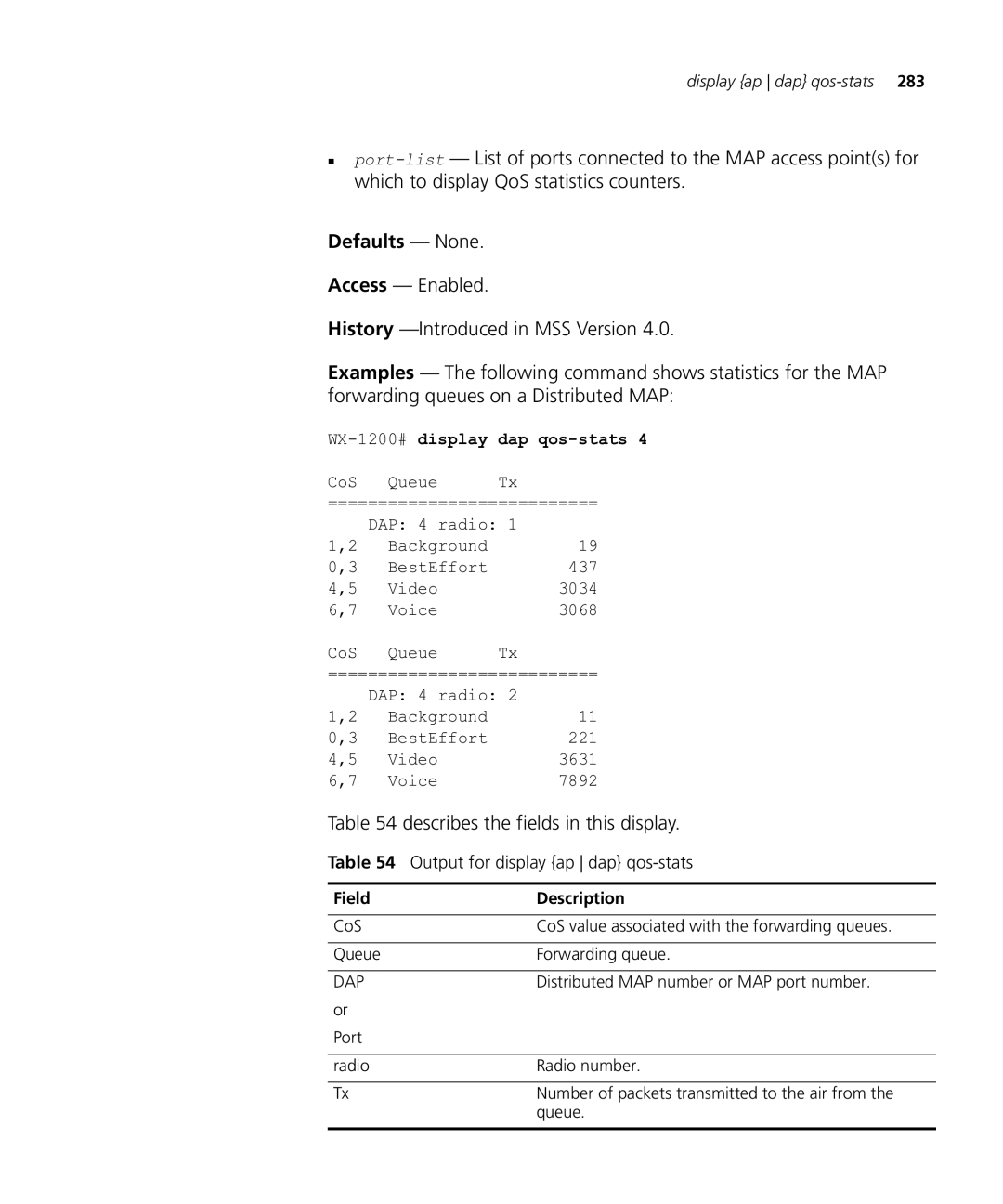 HP Manager Software manual Output for display ap dap qos-stats, WX-1200#display dap qos-stats 