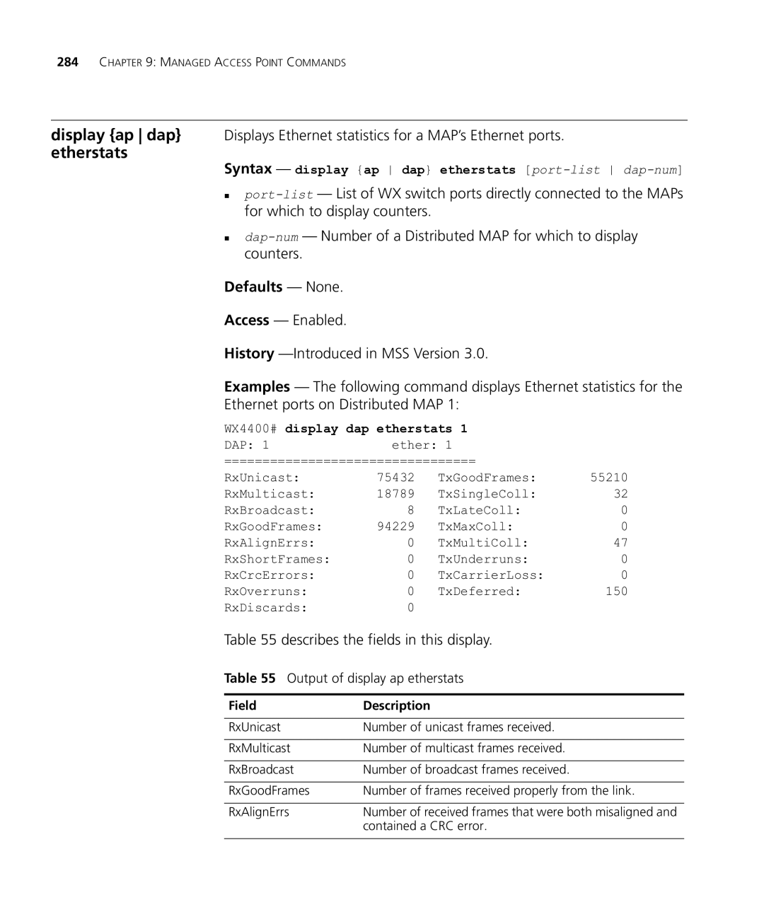 HP Manager Software manual Output of display ap etherstats, Syntax display ap dap etherstats port-listdap-num 