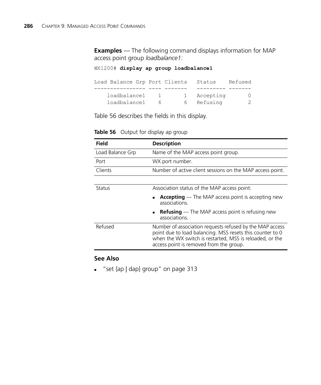 HP Manager Software manual „ set ap dap group on, Output for display ap group, WX1200# display ap group loadbalance1 