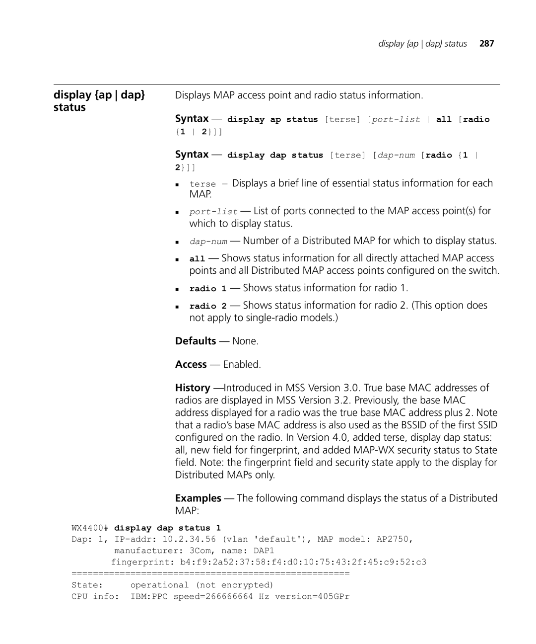 HP Manager Software manual Map, WX4400# display dap status 