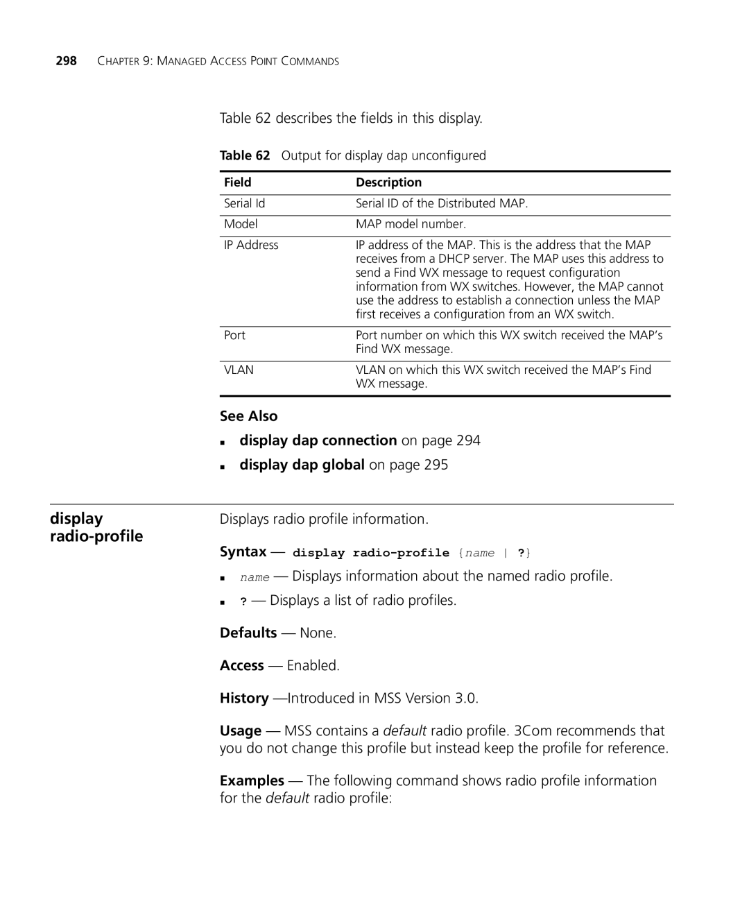 HP Manager Software manual Radio-profile, Displays radio profile information, Output for display dap unconfigured 