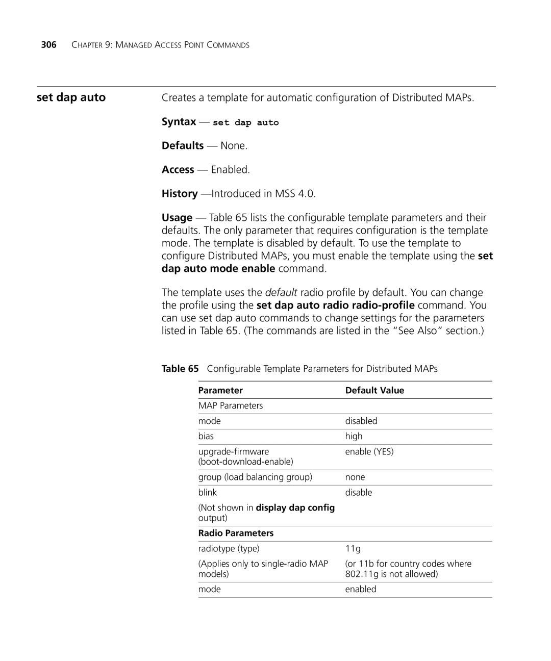 HP Manager Software Set dap auto, Dap auto mode enable command, Usage lists the configurable template parameters and their 