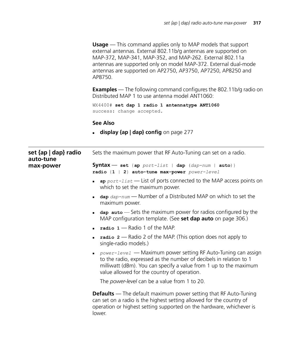 HP Manager Software manual Set ap dap radio auto-tune max-power, Radio 1 2 auto-tune max-power power-level 