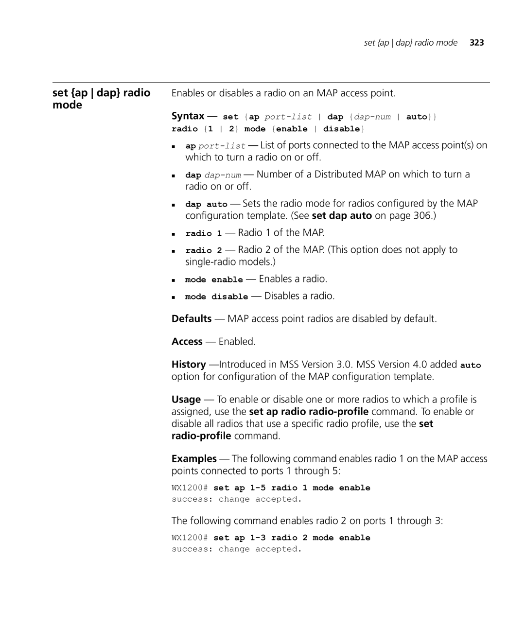 HP Manager Software manual Set ap dap radio mode, Enables or disables a radio on an MAP access point 