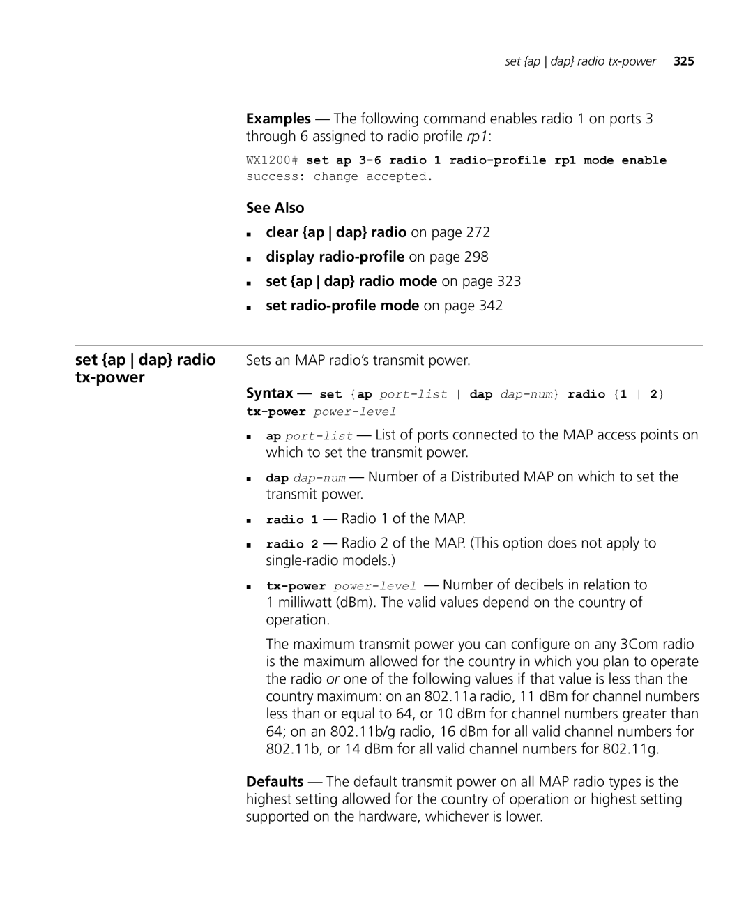 HP Manager Software manual Set ap dap radio tx-power, Sets an MAP radio’s transmit power 