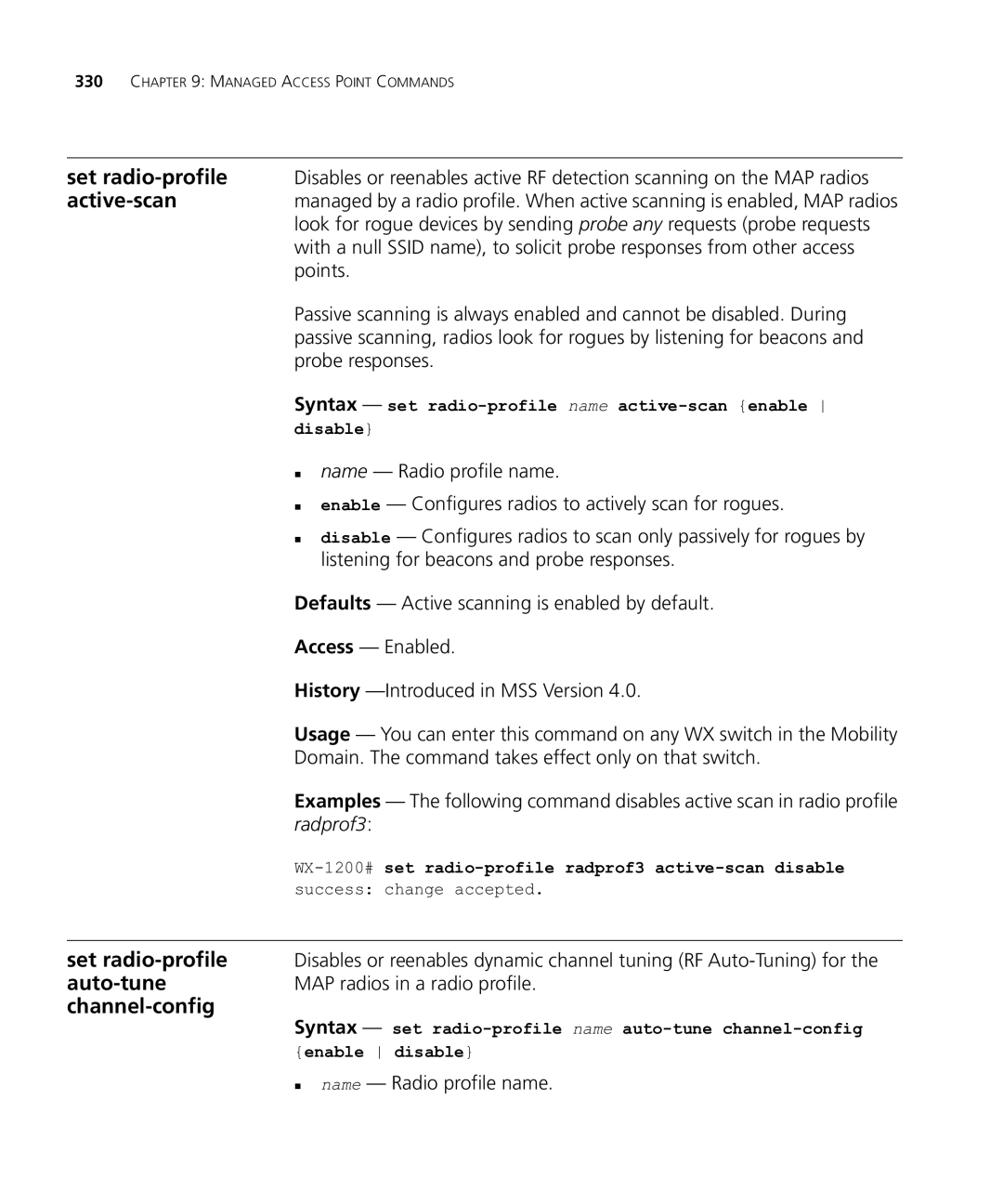 HP Manager Software Set radio-profile auto-tune channel-config, Syntax set radio-profile name active-scan enable disable 