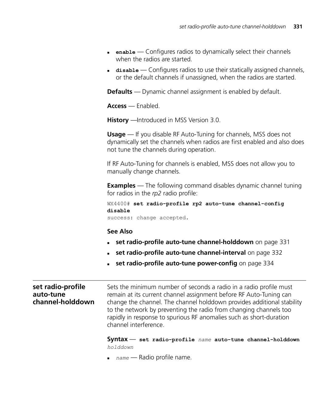 HP Manager Software Set radio-profile auto-tune channel-holddown, Syntax set radio-profile name auto-tune channel-holddown 