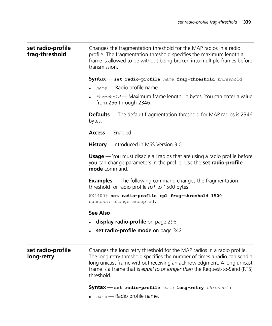 HP Manager Software manual Syntax set radio-profile name frag-threshold threshold 