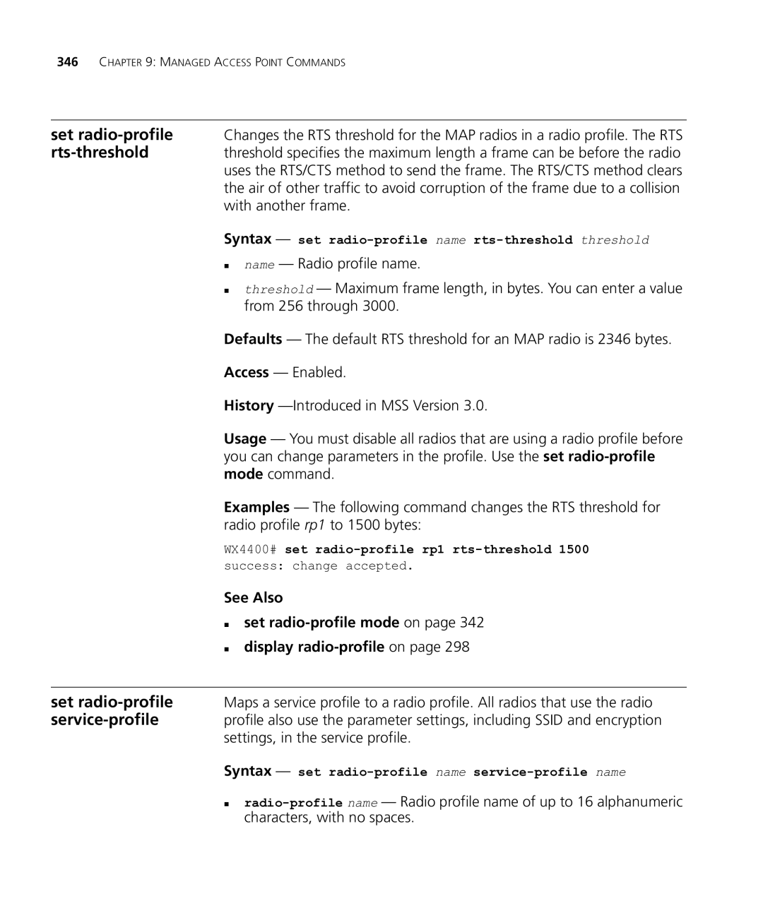 HP Manager Software manual Syntax set radio-profile name rts-threshold threshold 