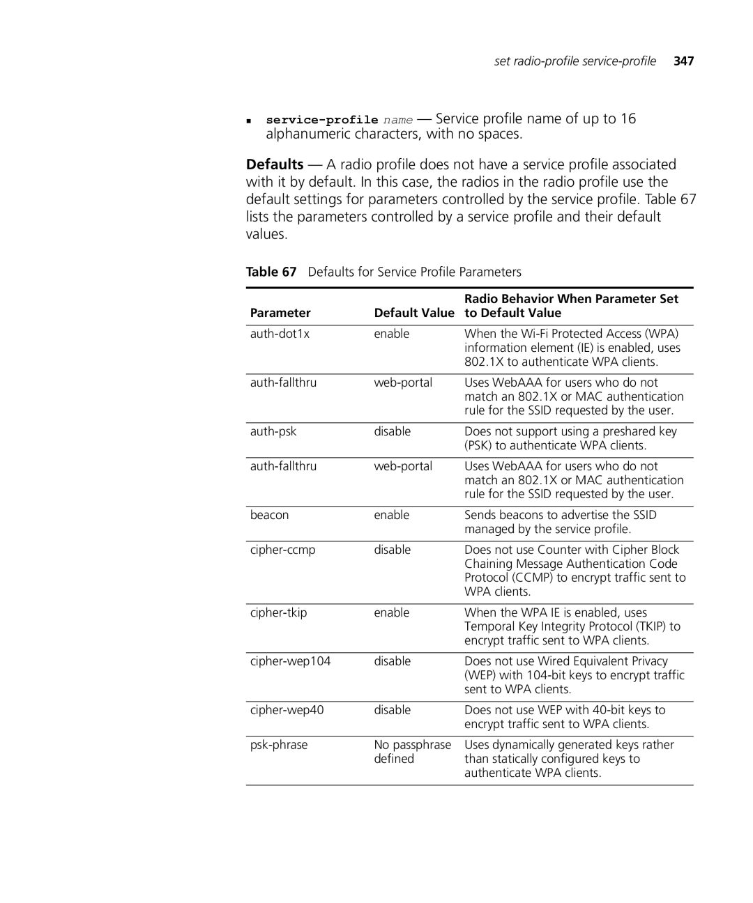 HP Manager Software manual Defaults for Service Profile Parameters, Parameter Default Value To Default Value 