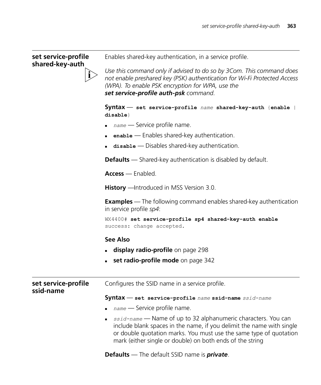 HP Manager Software manual Set service-profile auth-psk command, Syntax set service-profile name ssid-name ssid-name 