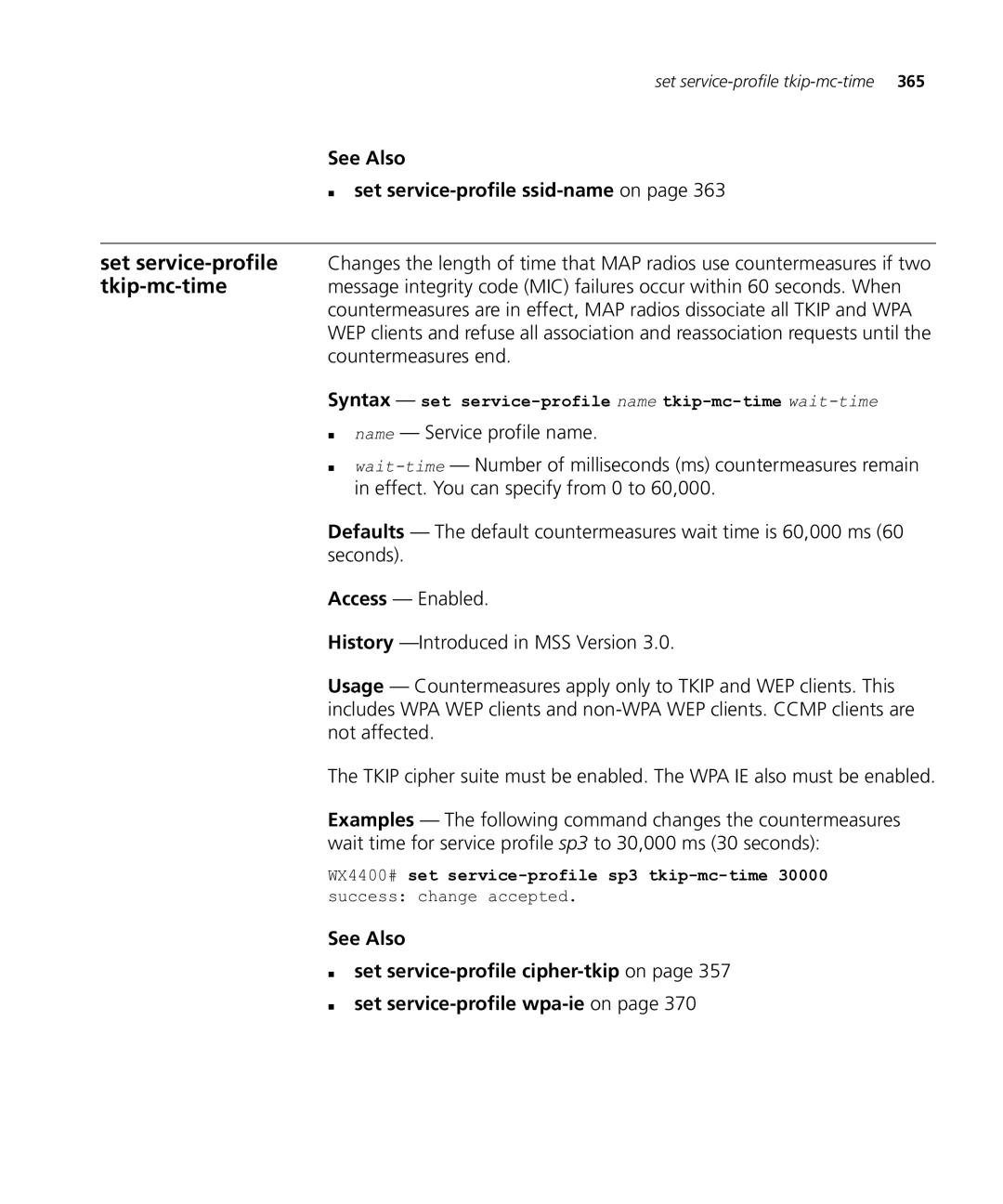 HP Manager Software See Also „ set service-profilessid-nameon, Syntax set service-profile name tkip-mc-time wait-time 