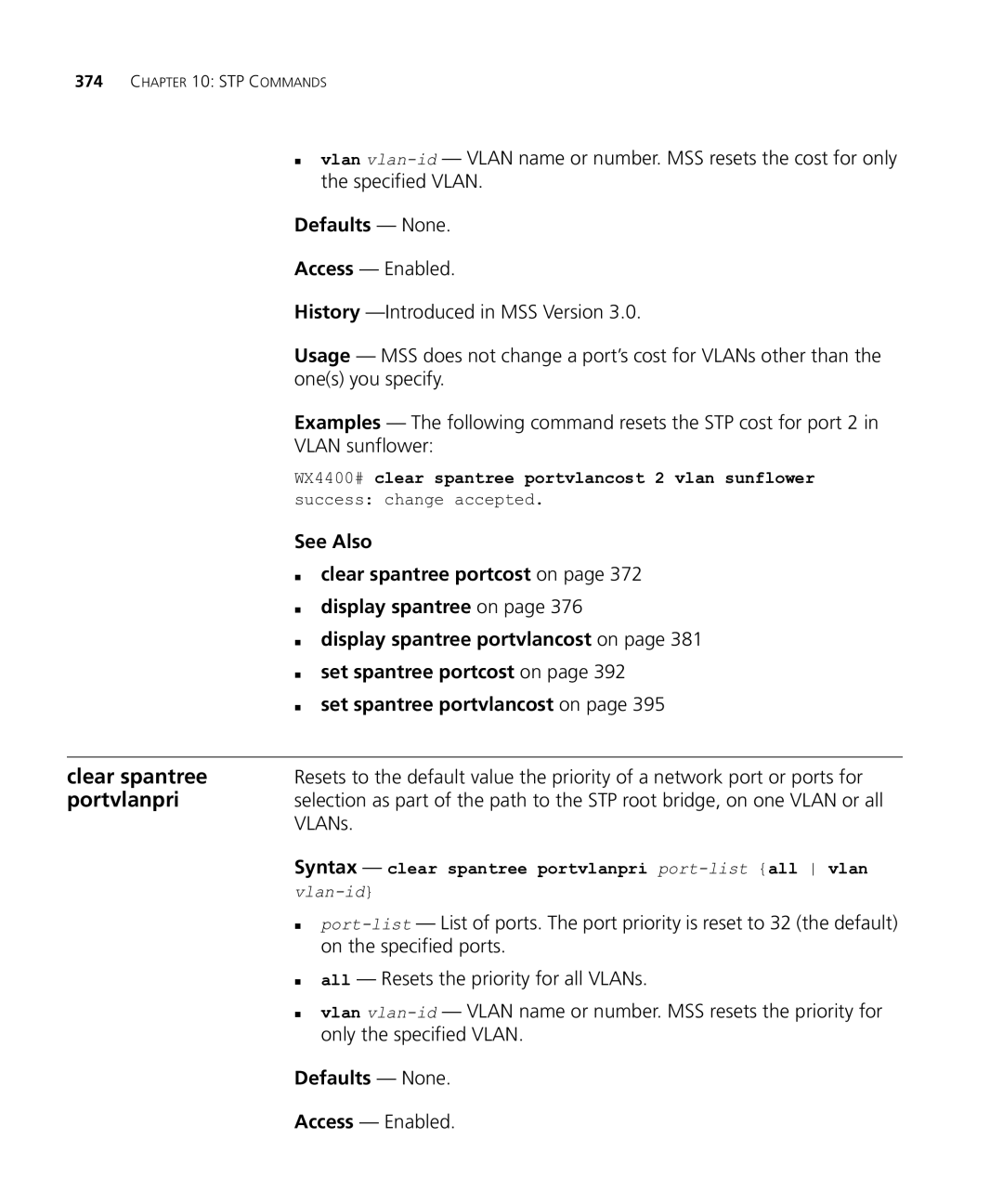 HP Manager Software manual Portvlanpri, „ clear spantree portcost on 