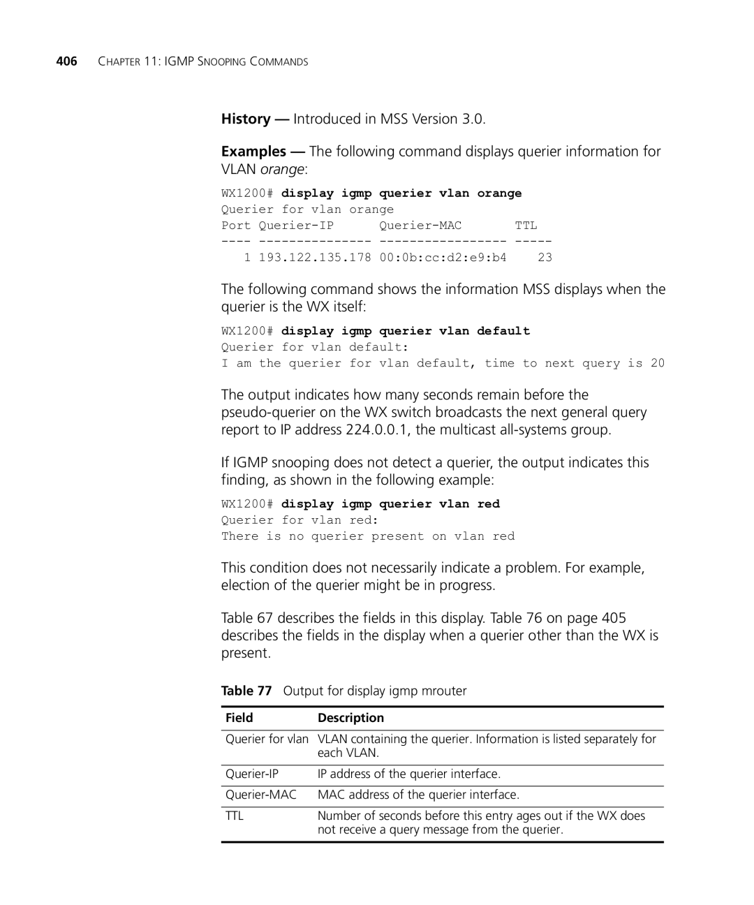 HP Manager Software manual Output for display igmp mrouter, WX1200# display igmp querier vlan orange 