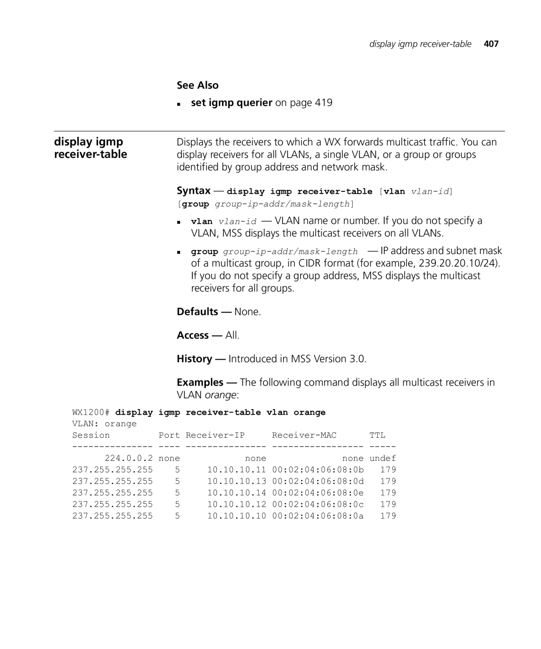 HP Manager Software manual Receiver-table, „ set igmp querier on 