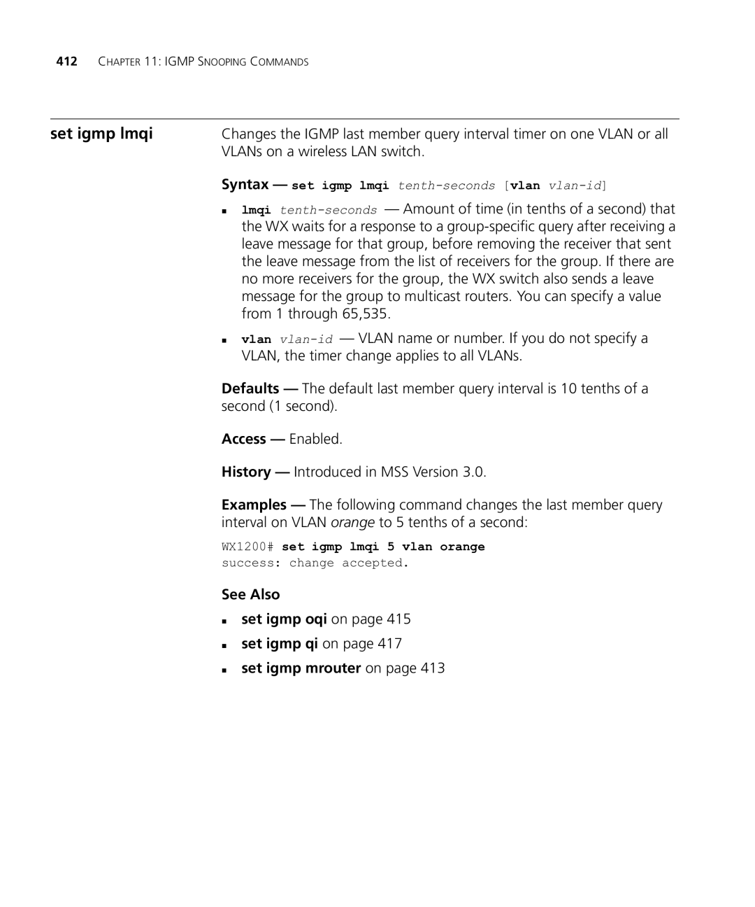 HP Manager Software manual Set igmp lmqi, VLANs on a wireless LAN switch, From 1 through 65,535 