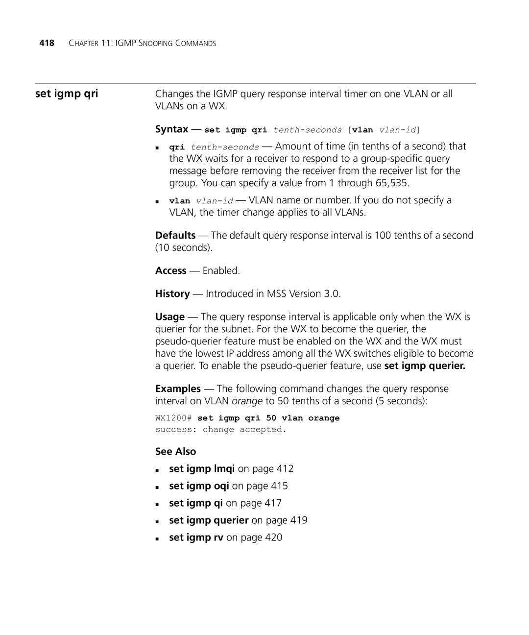 HP Manager Software manual Set igmp qri, VLANs on a WX, Group. You can specify a value from 1 through 65,535 