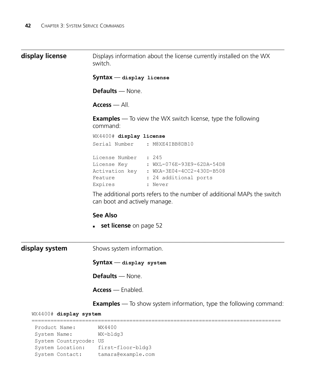 HP Manager Software manual Display license, Display system, Defaults None Access All, See Also „ set license on 