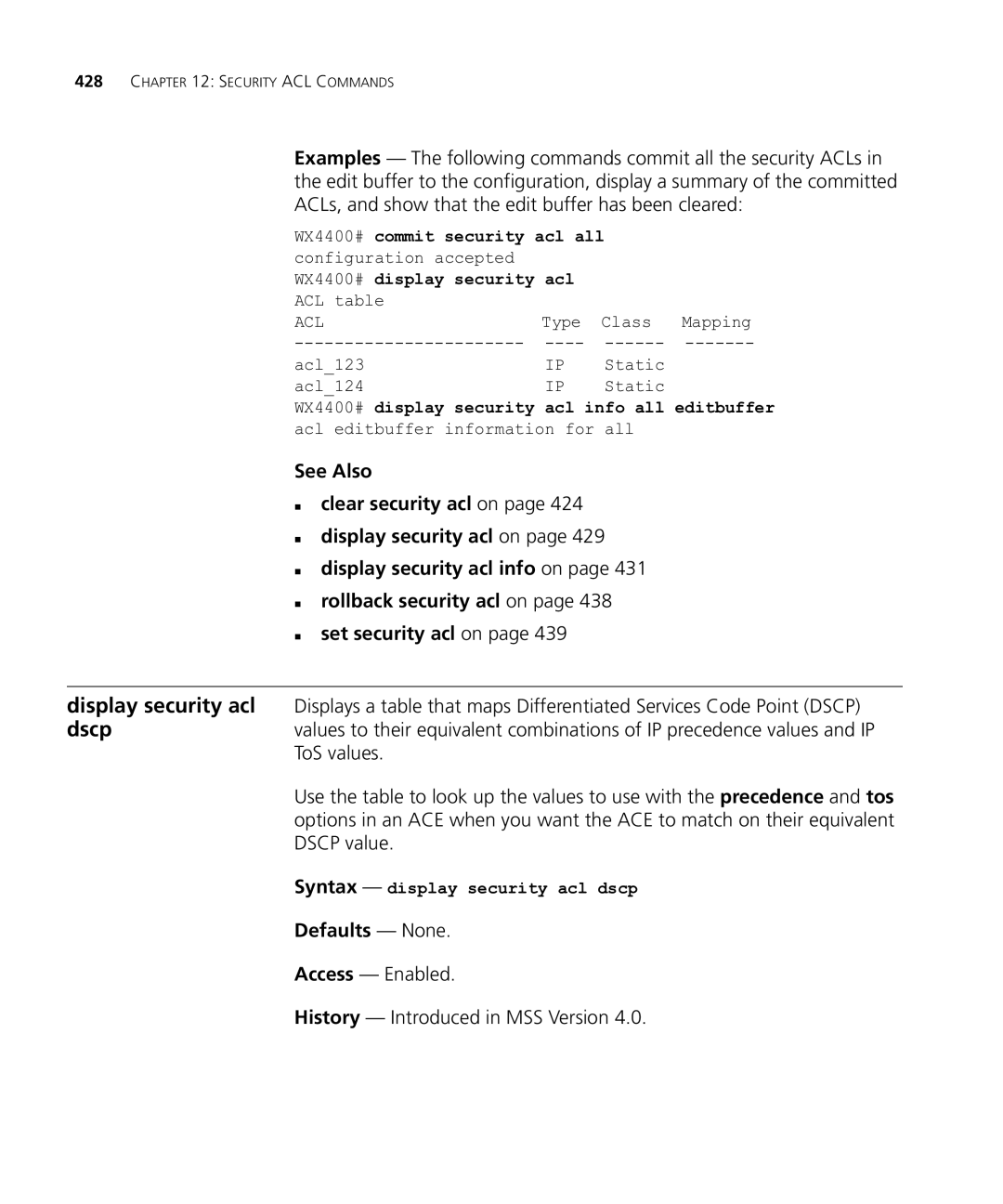 HP Manager Software manual WX4400# commit security acl all, WX4400# display security acl, Syntax display security acl dscp 