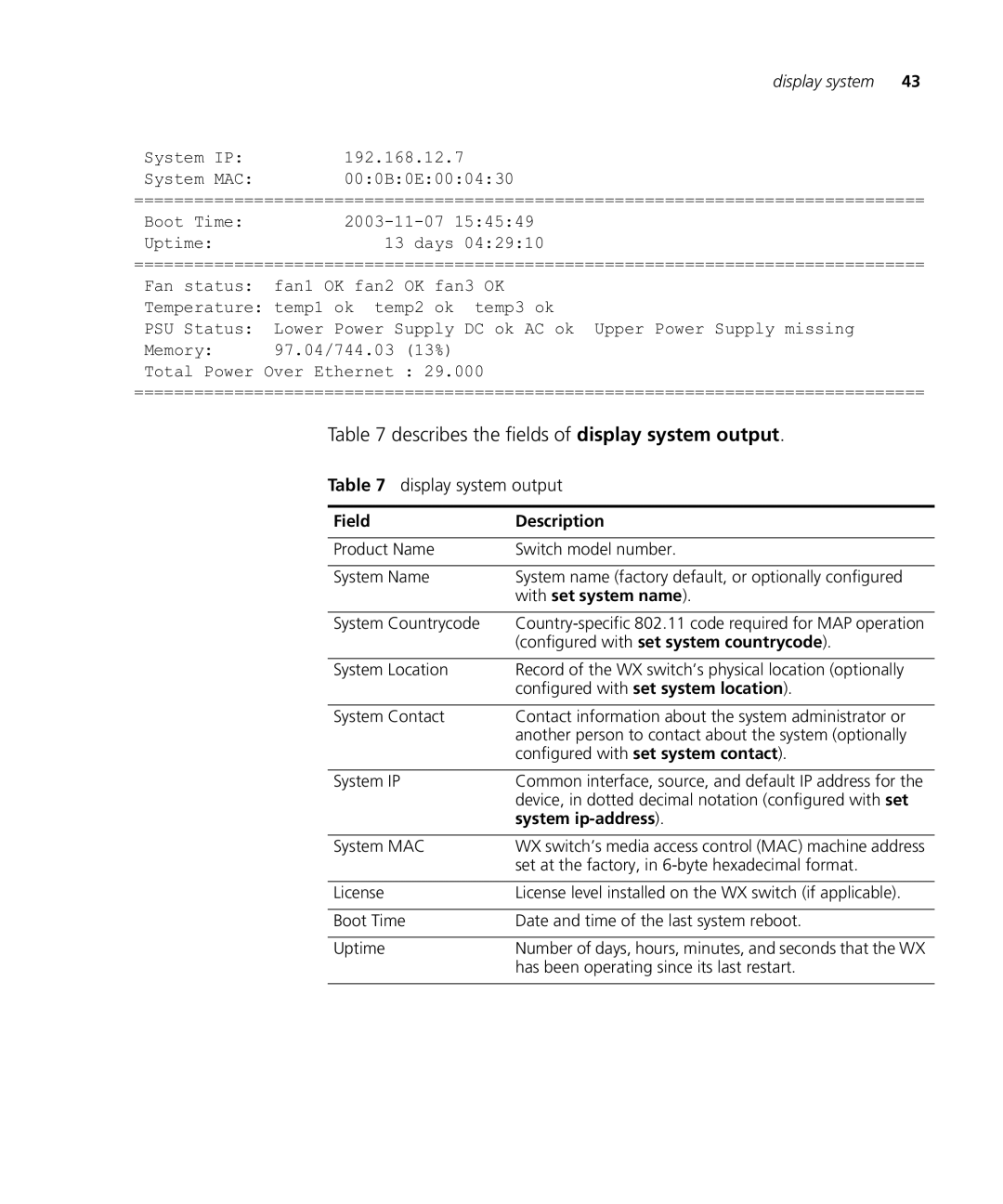 HP Manager Software manual Describes the fields of display system output, Display system output 