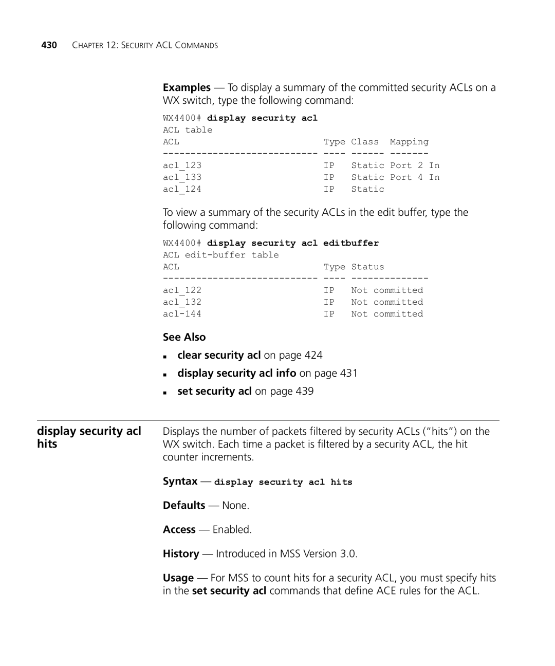 HP Manager Software manual WX4400# display security acl editbuffer, Syntax display security acl hits 