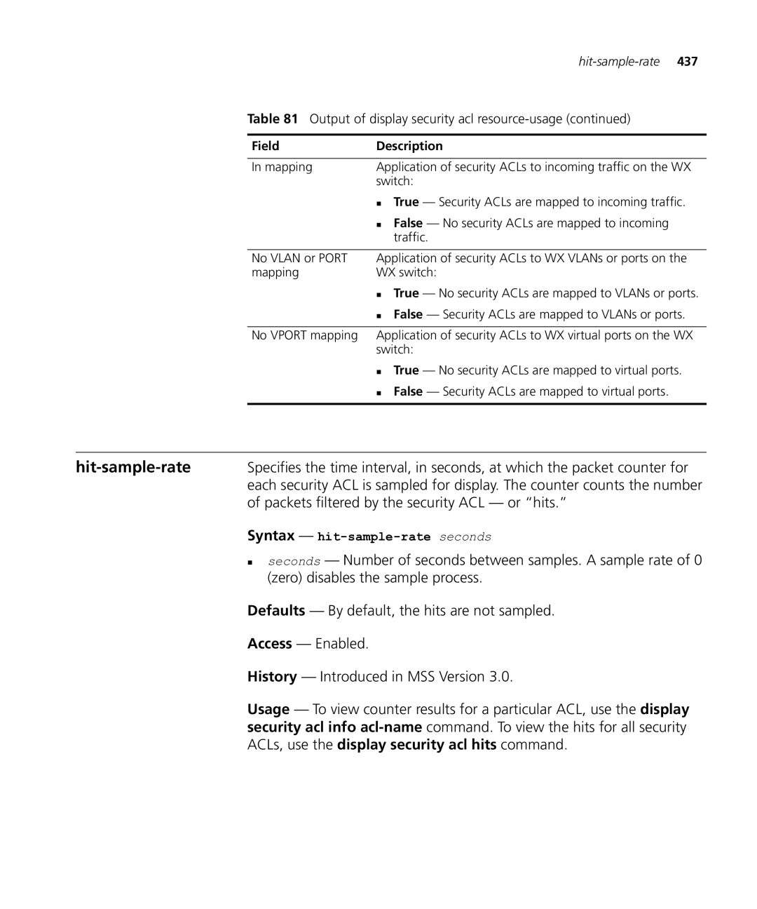 HP Manager Software manual Hit-sample-rate, Packets filtered by the security ACL or hits, Syntax hit-sample-rate seconds 