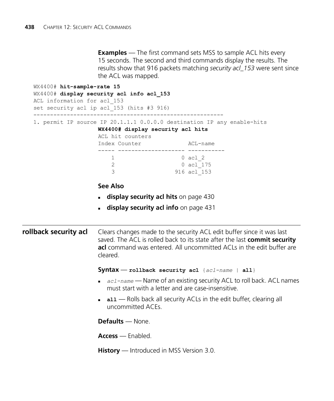 HP Manager Software manual WX4400# display security acl hits, Syntax rollback security acl acl-nameall 