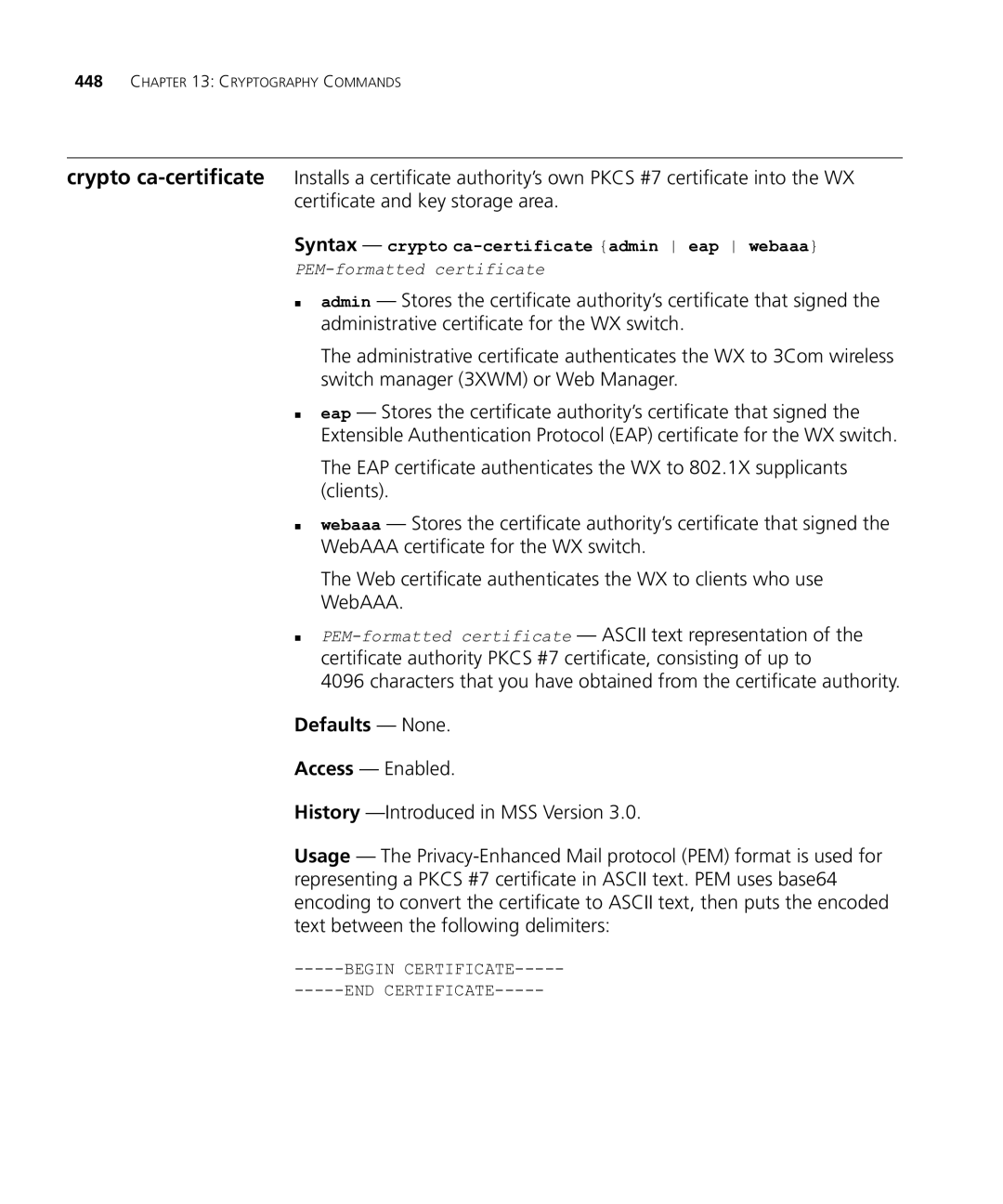 HP Manager Software manual Defaults None, Syntax crypto ca-certificate admin eap webaaa 