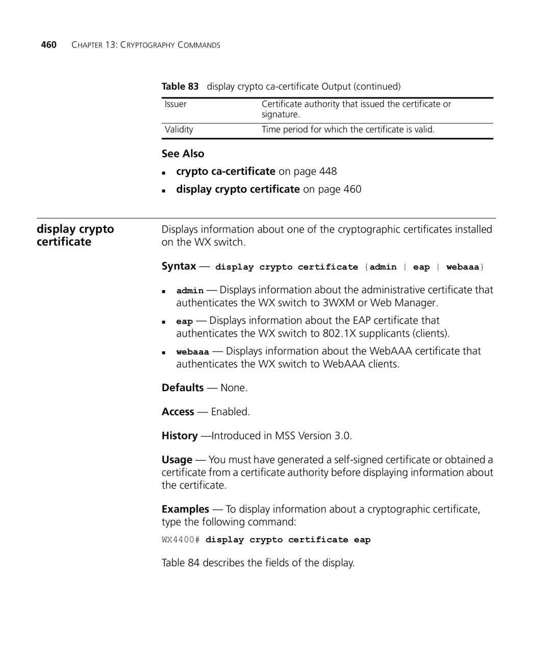 HP Manager Software manual Certificate, On the WX switch, Describes the fields of the display 