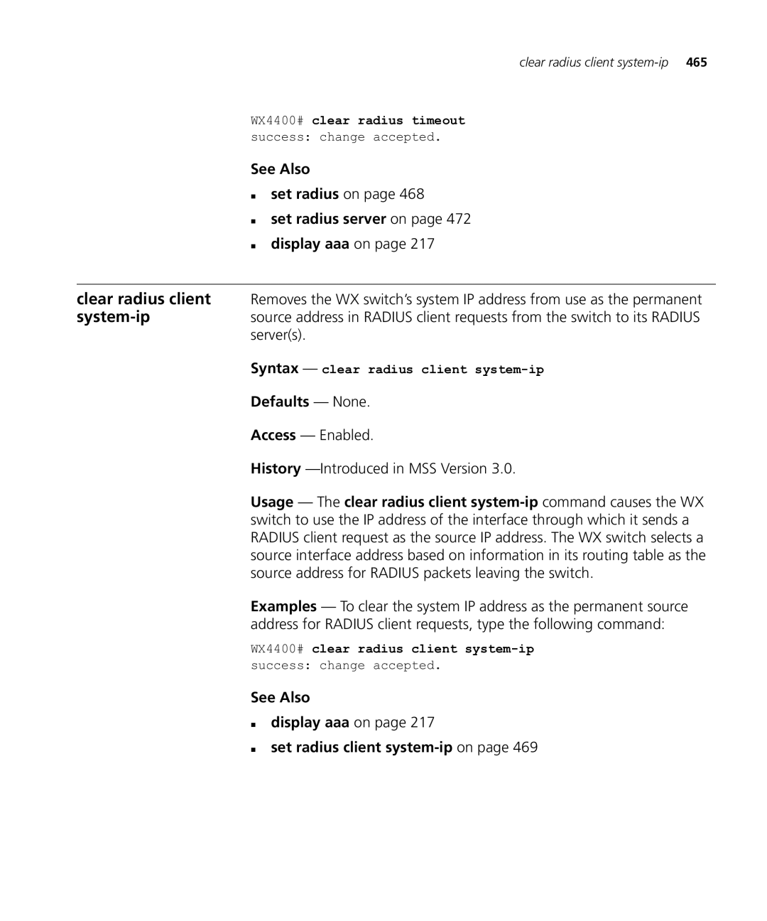 HP Manager Software manual See Also „ display aaa on „ set radius client system-ipon, Syntax clear radius client system-ip 