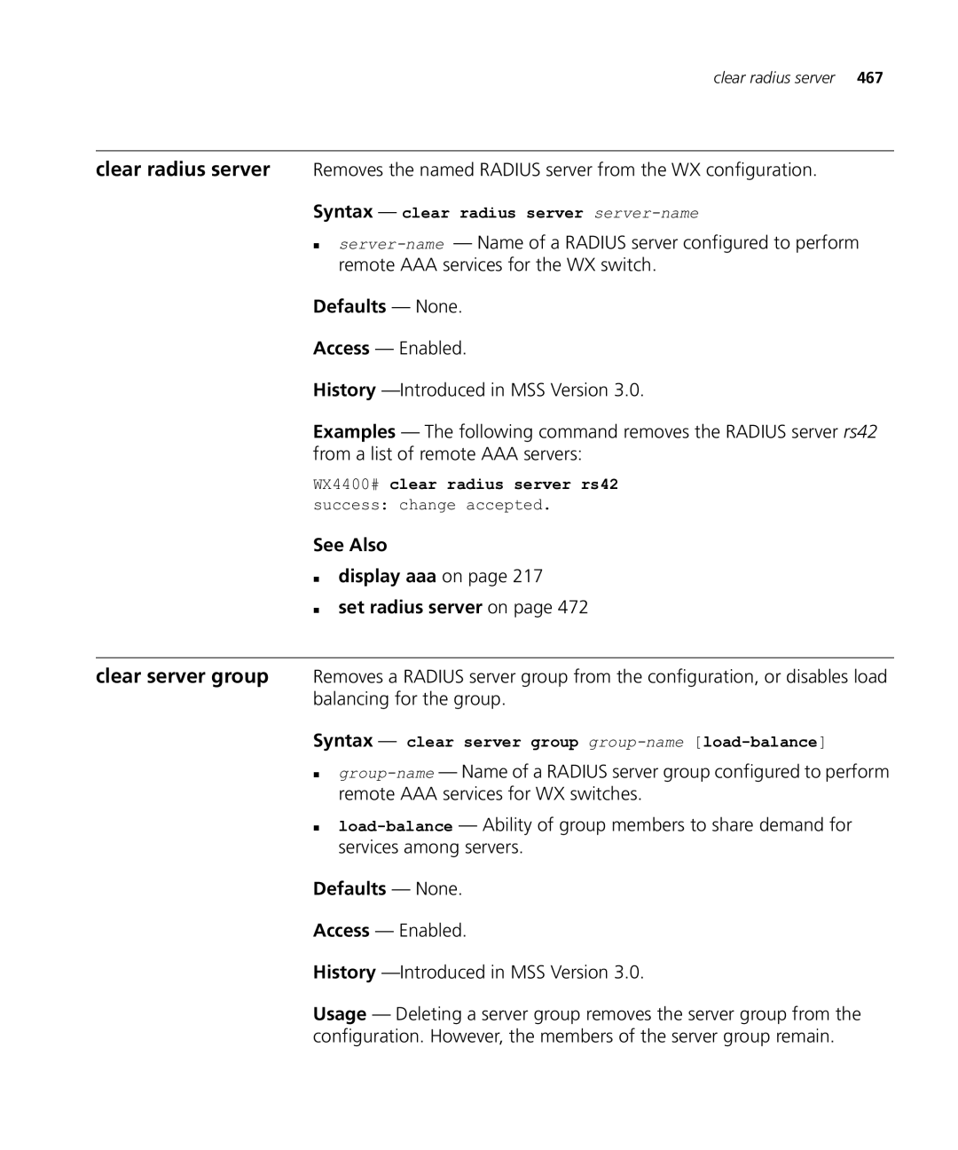 HP Manager Software manual See Also „ display aaa on „ set radius server on, Syntax clear radius server server-name 