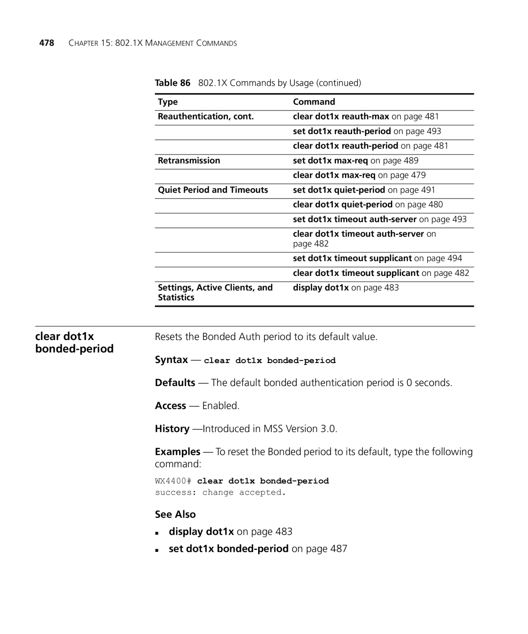 HP Manager Software manual Clear dot1x, Bonded-period, Resets the Bonded Auth period to its default value 