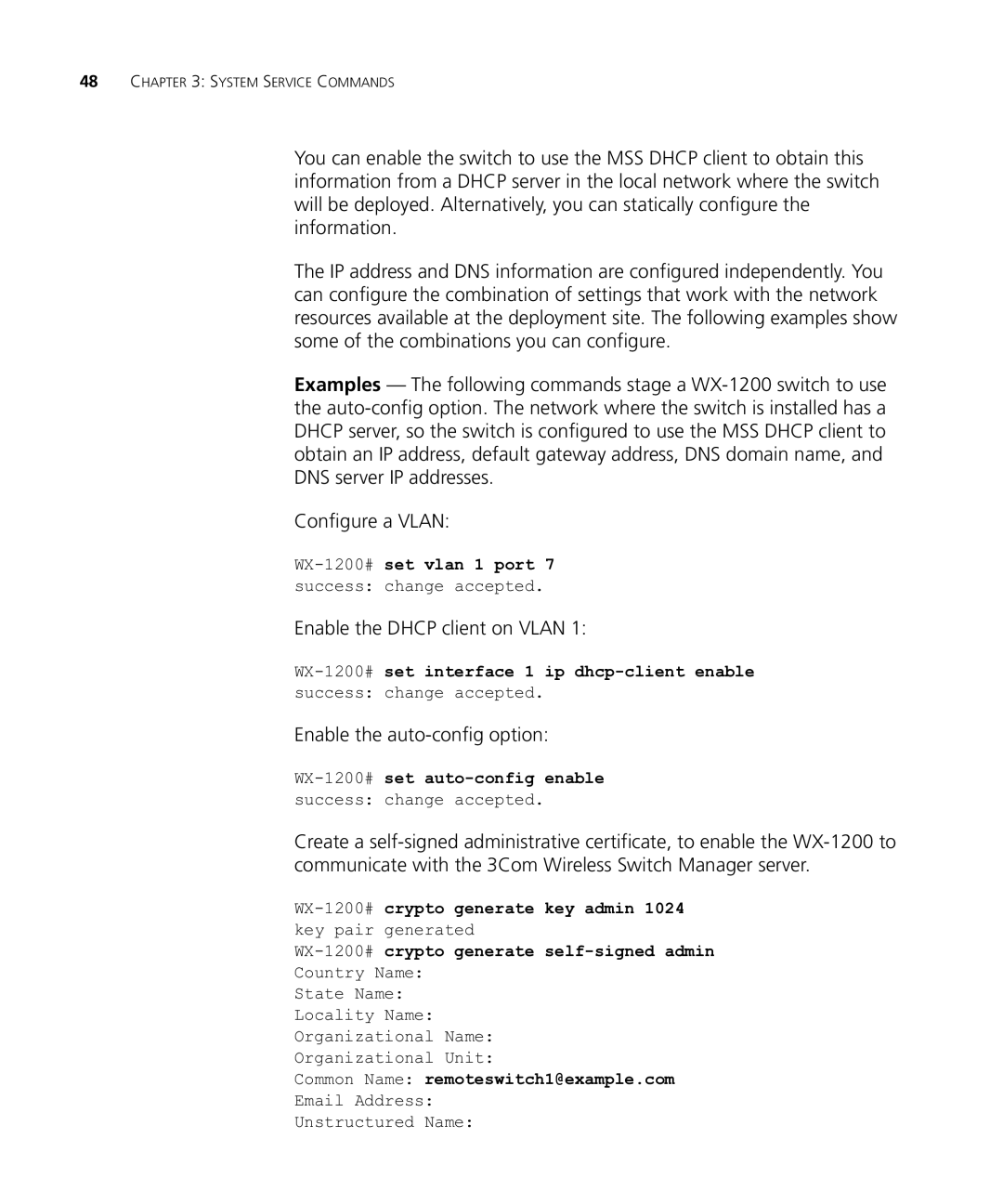 HP Manager Software Enable the Dhcp client on Vlan, Enable the auto-config option, Common Name remoteswitch1@example.com 