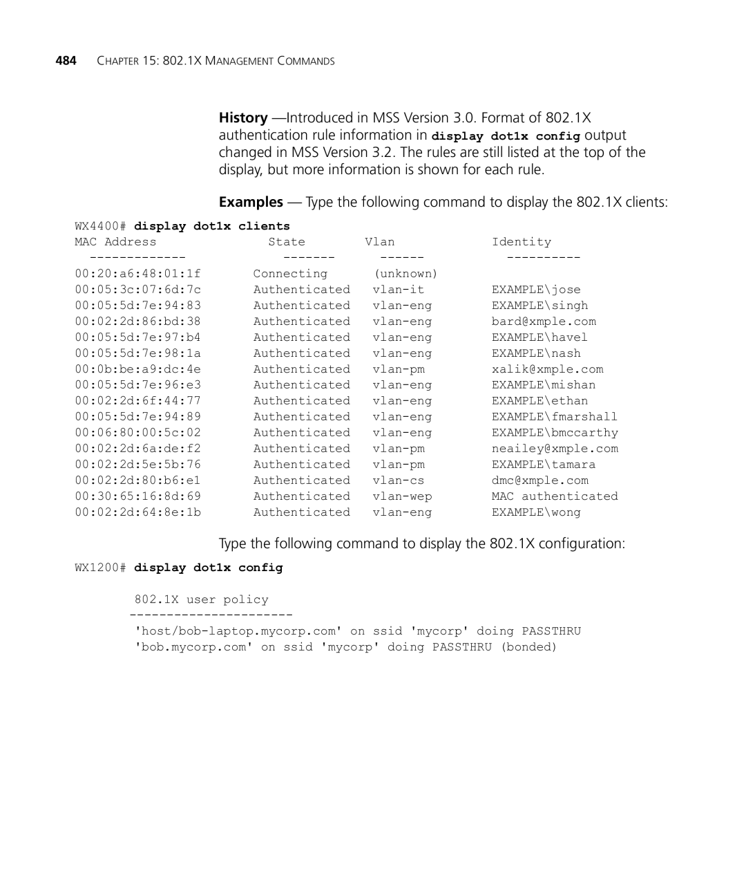 HP Manager Software manual WX4400# display dot1x clients, WX1200# display dot1x config 