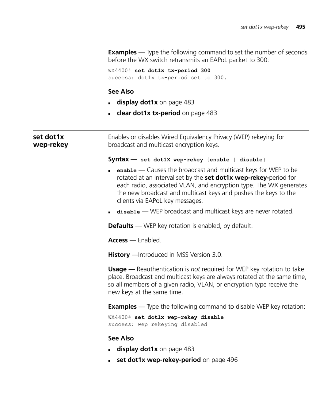 HP Manager Software manual Wep-rekey, See Also „ display dot1x on „ clear dot1x tx-periodon 