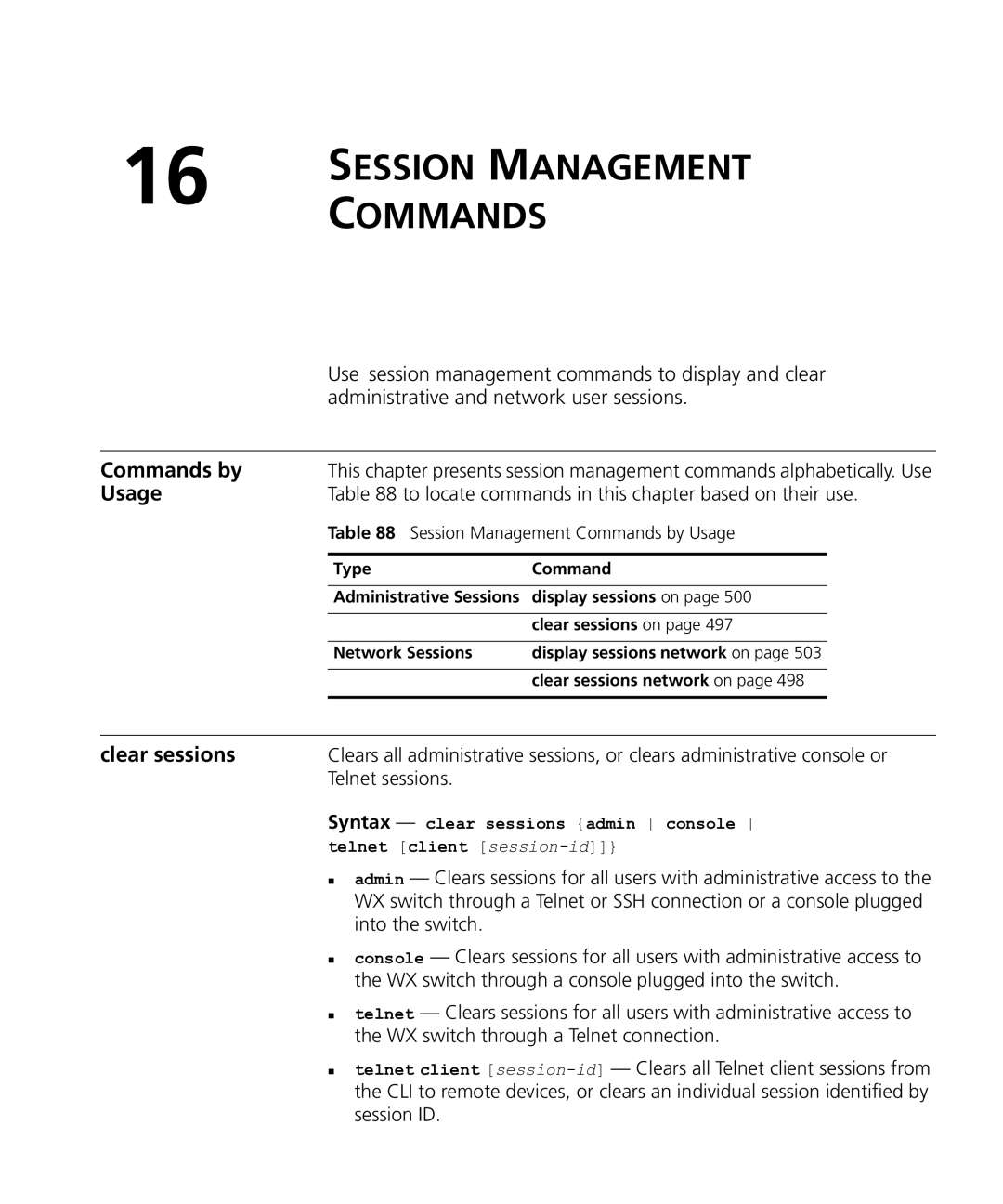 HP Manager Software manual Clear sessions, Telnet sessions 