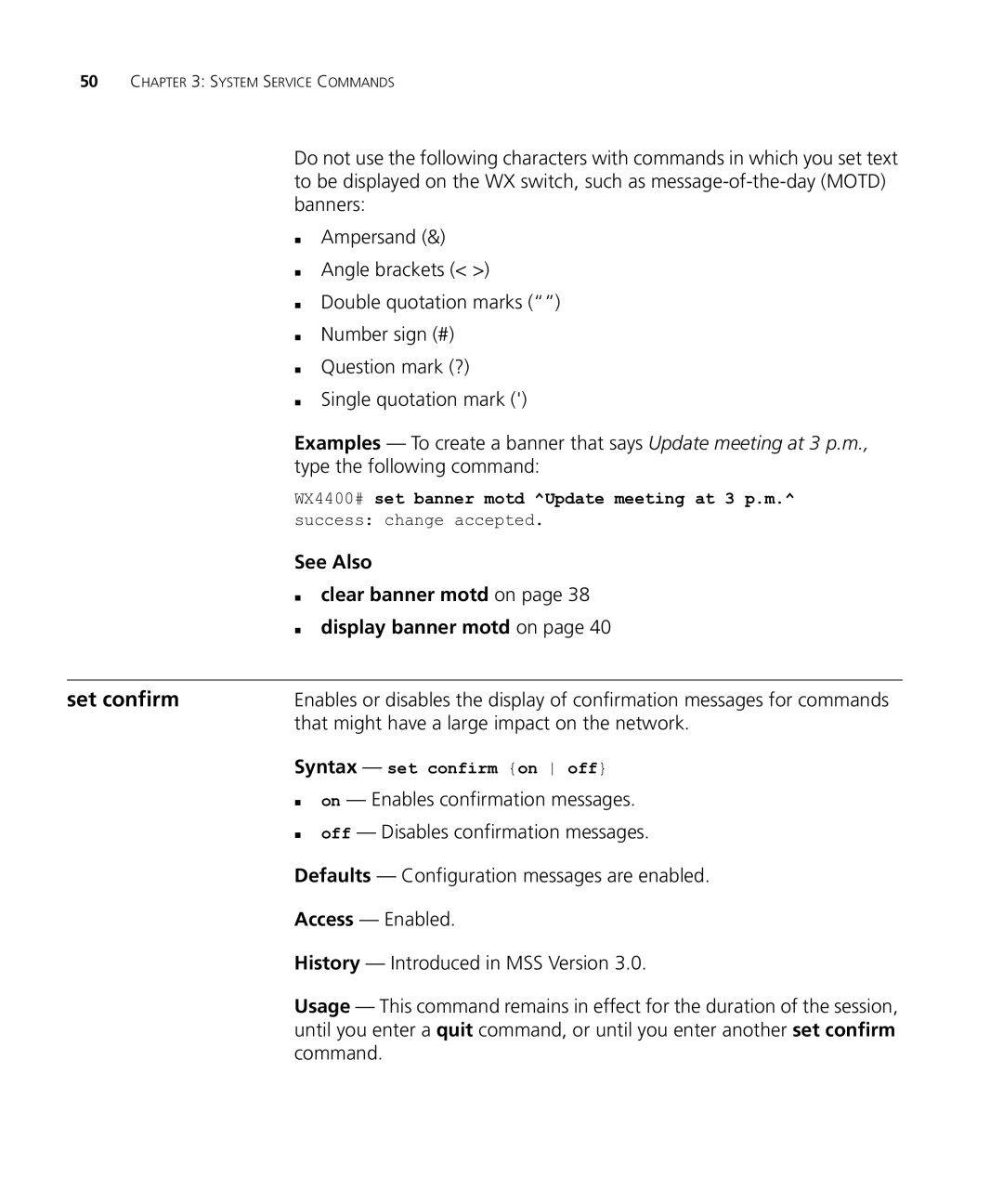 HP Manager Software manual Set confirm, See Also „ clear banner motd on „ display banner motd on, Syntax set confirm on off 