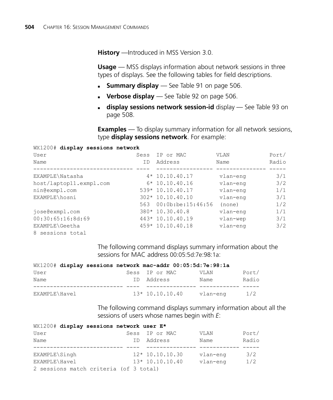 HP Manager Software manual „ Summary display See on „ Verbose display See on, WX1200# display sessions network 