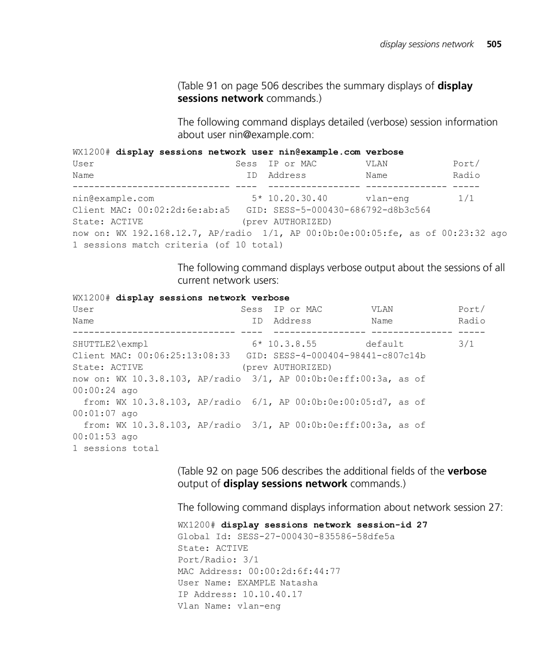 HP Manager Software manual WX1200# display sessions network verbose, WX1200# display sessions network session-id 